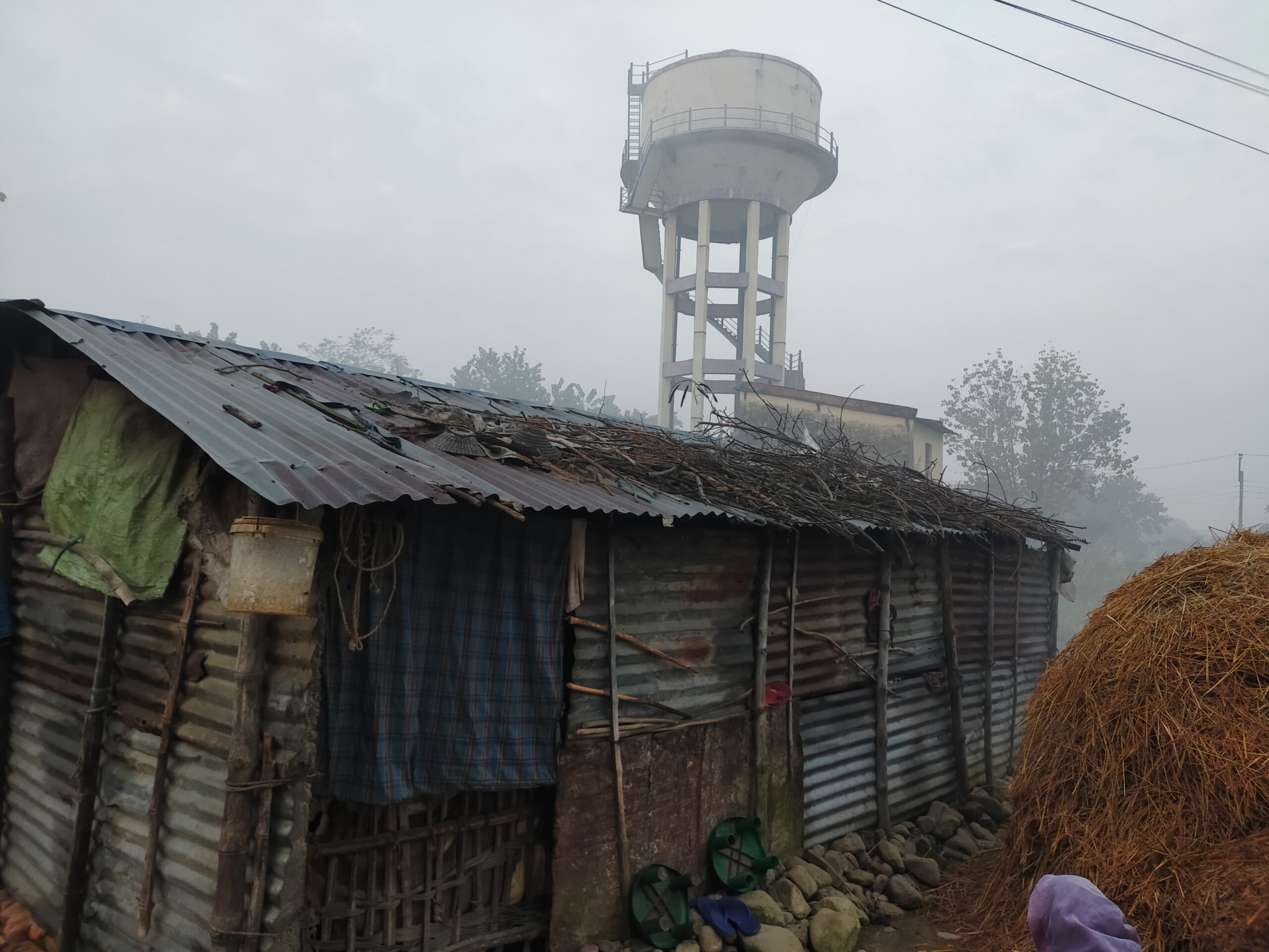 A poorly assembled house made of sheet metal, branches, stones and cloth. There are electrical wires above the house. Further in the background, a plastic silo and trees can be seen. The setting is foggy.